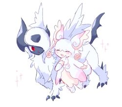  absol animal_focus asymmetrical_horns audino bc_pkm blush claws closed_eyes commentary_request horns korean_commentary mega_absol mega_audino no_humans open_mouth pokemon pokemon_(creature) pokemon_focus red_eyes smile sparkle white_background wings 