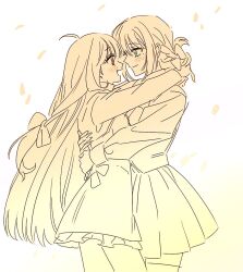  2girls arms_around_another's_waist arms_around_neck blush bow cho_kaguya-hime! commentary_request eye_contact face-to-face from_side gradient_background green_eyes hair_bow kaguya_(cho_kaguya-hime!) korean_commentary limited_palette long_hair looking_at_another mole mole_under_eye multiple_girls newminsam one_eye_closed open_mouth profile red_eyes sakayori_iroha sketch smile very_long_hair white_background yellow_background yuri 