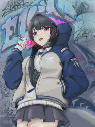 1girl absurdres black_hair candy commentary_request ellen_joe fang fins fish_tail food graffiti hands_in_pockets highres hood hoodie jacket jon/p lollipop looking_at_viewer oversized_clothes red_eyes road school_uniform shark_girl shark_tail short_hair skirt smile solo street streetwear tail zenless_zone_zero 