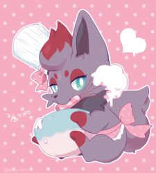 animal_focus apron aqua_eyes batter black_fur chef_hat commentary_request cooking dough fox hat looking_at_viewer mixer_(cooking) no_humans pink_apron pink_background pokemon pokemon_(creature) pokemon_focus polka_dot polka_dot_background pyon_ko red_fur solo tail zorua 