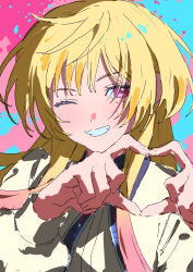  1boy 333takoyaki absurdres blonde_hair collared_dress commentary_request crossdressing crossdressing_(mtf) dress four-finger_heart_hands gradient_hair grin heart heart_hands highres kinosaki_mei long_hair long_sleeves male_focus marriagetoxin mole mole_under_eye multicolored_hair one_eye_closed pink_eyes portrait puffy_long_sleeves puffy_sleeves smile solo trap 