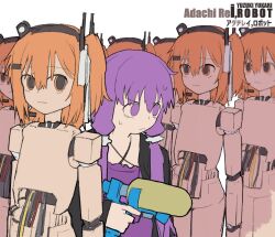  6+girls a.i._voice adachi_rei android black_jacket character_name clone commentary_request copyright_name criss-cross_halter dress halterneck holding holding_water_gun i_robot jacket joints kurokoge013 long_hair low_twintails medium_hair multiple_girls one_side_up open_clothes open_jacket orange_eyes orange_hair parody purple_dress purple_hair robot_joints simple_background sweat twintails utau v-shaped_eyebrows violet_eyes vocaloid voiceroid water_gun white_background yuzuki_yukari 