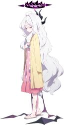  1girl adjusting_clothes ahoge arm_at_side bags_under_eyes black_horns blue_archive closed_eyes closed_mouth coat coat_on_shoulders demon_girl demon_wings doremi_(doremi4704) dot_mouth exhausted from_side full_body game_asset grey_slippers hair_between_eyes halo hand_up heel_up highres hina_(blue_archive) horns large_variant_set long_hair long_sleeves multiple_horns nightgown official_art pale_skin pink_nightgown polka_dot_nightgown purple_halo purple_wings sidelocks simple_background slippers solo standing tachi-e third-party_source transparent_background u_u variant_set very_long_hair white_hair wings yellow_coat 