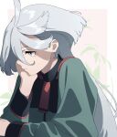  1girl ahoge closed_mouth green_jacket grey_eyes grey_hair gundam gundam_suisei_no_majo hair_between_eyes hand_on_own_cheek hand_on_own_face head_rest highres jacket long_hair long_sleeves miorine_rembran pink_background profile shuwafuwashuwa solo two-tone_background upper_body white_background 
