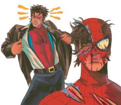  1boy animal_print battle_damage blue_bodysuit bodysuit highres klaulie male_focus marvel multicolored_bodysuit peter_parker print_bodysuit red_bodysuit solo spider-man spider-man_(series) spider_print spider_web_print superhero_costume torn_clothes two-tone_bodysuit 