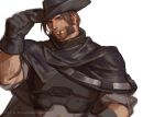  1boy armor artist_name black_gloves blackwatch_cassidy cassidy_(overwatch) chest_armor cigar cowboy_hat et.m facial_hair gloves hat male_focus official_alternate_costume overwatch overwatch_1 poncho sideburns simple_background smile solo white_background 