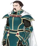  1boy armor artist_request atelier_(series) atelier_marie black_hair blue_eyes bodysuit breastplate cape closed_mouth elbow_pads facial_hair kugel_richter male_focus mustache official_art old old_man short_hair shoulder_armor shoulder_pads simple_background solo standing vambraces white_cape 