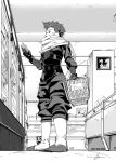  1boy 1other absurdres baggy_pants basket boku_no_hero_academia book boots commentary_request convenience_store covered_mouth cropped_jacket fishnets from_side full_body gloves greyscale hair_slicked_back hand_up hatching_(texture) highres holding holding_basket holding_notebook indoors jacket knee_boots long_scarf looking_at_object male_focus mask monochrome mouth_mask mutumipketto notebook open_clothes open_jacket pants partial_commentary perspective profile refrigerator shelf shinsou_hitoshi shop shopping shopping_basket short_hair sign signature snack solo_focus standing 