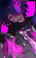  1boy :d absurdres black_capelet black_coat black_gloves blue_hair capelet coat collared_capelet commentary_request corruption crossed_bangs fire flins_(genshin_impact) gem genshin_impact gloves gradient_hair hair_between_eyes hair_intakes hair_over_one_eye hand_on_own_chest highres long_hair long_sleeves looking_at_viewer male_focus multicolored_hair open_mouth pink_background pink_fire pink_pupils purple_gem purple_shirt reaching reaching_towards_viewer shiino_715 shirt sleeve_cuffs smile solo transformation upper_body 