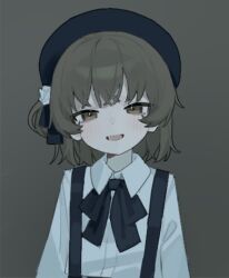  1girl ar2a beret black_bow black_bowtie black_hat black_ribbon bow bowtie brown_eyes brown_hair collared_shirt commentary dress_shirt flower grey_background hair_flower hair_ornament hair_ribbon hat hatoba_tsugu limited_palette looking_at_viewer medium_hair one_side_up open_mouth ribbon shirt solo suspenders tsugu_(vtuber) upper_body virtual_youtuber white_flower white_shirt 