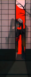  1girl absurdres architecture black_hair black_kimono branch commentary_request crazy_eyes east_asian_architecture fox_mask hair_between_eyes hatsune_miku highres japanese_clothes kimono kneeling long_hair looking_at_viewer mask mask_on_head moon musunde_hiraite_rasetsu_to_mukuro_(vocaloid) obi open_mouth porch pov red_eyes red_sash red_sky sash shadow short_kimono shouji sidelocks sky sliding_doors smile solo tatami teeth tree twintails upper_teeth_only usagifuku very_long_hair vocaloid 