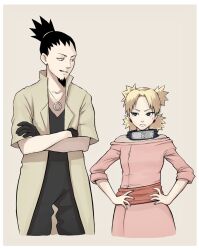  1boy 1girl black_gloves black_hair black_jumpsuit blonde_hair boruto:_naruto_next_generations boruto_(series) crossed_arms dress facial_hair fishnets forehead_protector frown gloves goatee highres jumpsuit nara_shikamaru naruto_(classic) naruto_(series) off-shoulder_dress off_shoulder piercing_hole pink_dress quad_tails sunagakure_symbol temari_(naruto) time_paradox topknot waizumanhakase 