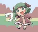  1girl animal_ears black_footwear blush dog_ears dress fang full_body green_eyes green_hair kasodani_kyouko long_sleeves open_mouth pink_dress rokugou_daisuke shoes short_hair signature smile socks solo touhou white_socks 