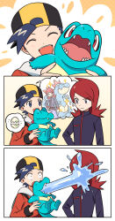  2boys :d absurdres black_hair black_jacket chueog closed_eyes closed_mouth commentary_request constricted_pupils cowlick ethan_(pokemon) feraligatr highres holding holding_pokemon jacket korean_commentary long_hair long_sleeves male_focus multiple_boys open_mouth pokemon pokemon_(creature) pokemon_heartgold_and_soulsilver red_hair red_jacket short_hair silver_(pokemon) smile teeth totodile upper_teeth_only water 