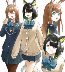  2girls :d :o absurdres alternate_costume amiya_(arknights) animal_ears aqua_eyes arknights black_hair black_jacket brown_cardigan brown_hair brown_pantyhose buttons cardigan closed_mouth colored_inner_hair commentary english_commentary fang green_eyes green_hair grin hair_between_eyes highres holding_own_hair jacket long_hair mon3tr_(arknights) multicolored_hair multiple_girls multiple_views open_mouth pantyhose school_uniform short_hair_with_long_locks simple_background skin_fang smile white_background yagi000 