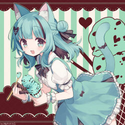  1girl animal_ear_fluff animal_ears black_hair blue_eyes blue_hair cat_ears cat_girl cat_tail chocolate_hair_ornament collared_shirt colored_inner_hair commentary_request commission double_bun food food-themed_hair_ornament frilled_skirt frilled_wrist_cuffs frills hair_bun hair_ornament hair_ribbon heart heart_hair_ornament holding holding_ice_cream_cone holding_spoon ice_cream ice_cream_cone mint_chocolate multicolored_hair neck_ribbon open_mouth original ribbon shirt skeb_commission skirt smile solo spoon streaked_hair striped_background striped_ribbon suspender_skirt suspenders tail two_side_up wafer_stick wrist_cuffs yuzuki_gao 
