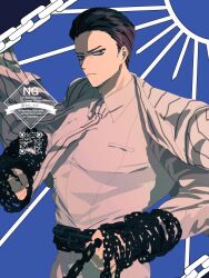  1boy belt black_hair blue_background chain chain_around_arm chain_belt chains_of_others_(e.g.o) closed_mouth collared_shirt commentary_request cowboy_shot e.g.o_(project_moon) green_eyes hair_slicked_back highres holding holding_chain jacket jacket_on_shoulders limbus_company long_sleeves looking_at_viewer male_focus meursault_(project_moon) mln_hxh necktie open_clothes open_jacket pants project_moon qr_code shirt short_hair solo striped_clothes striped_jacket striped_necktie watermark white_jacket white_necktie white_pants white_shirt 