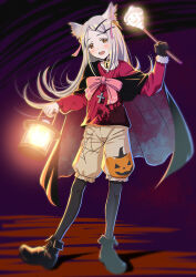  1girl animal_ears bell black_cape black_choker black_pantyhose black_shoes blonde_hair brown_shorts cape cat_ears choker colored_eyelashes commentary_request cross cross_necklace gakuen_idolmaster gloves hair_bell hair_ornament hairclip holding holding_lantern holding_wand idolmaster jack-o'-lantern_print japanese_clothes jewelry jingle_bell kimono lantern long_hair neck_bell necklace pantyhose parallel_hairclips red_shirt ryunnu shinosawa_hiro shirt shoes shorts single_glove solo wand yellow_eyes 
