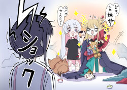  3girls absurdres aged_down black_shirt blonde_hair blue_eyes cho_kaguya-hime! closed_eyes colored_inner_hair commentary_request cosmetics cosplay facepaint fushi_(cho_kaguya-hime!) grey_hair hair_rings halterneck heart highres holding holding_lipstick_tube inudoge kaguya_(cho_kaguya-hime!) kasuga_yuu lipstick_tube long_hair long_shirt looking_at_another multicolored_eyes multicolored_hair multiple_girls open_mouth pink_hair runami_yachiyo runami_yachiyo_(cosplay) sakayori_iroha shirt short_sleeves stuffed_animal stuffed_toy translation_request v very_long_hair violet_eyes wide_sleeves 