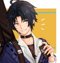  1boy ahoge asaba_harumasa black_hair can drink_can guitar_case holding holding_can instrument_case male_focus mondai_(hdtx8485) smile solo yellow_background yellow_eyes zenless_zone_zero 
