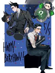  1boy ? aged_down animal_ears black_coat black_eyes black_hair black_jacket black_pants black_shoes black_vest blue_background blue_necktie border bow bowtie child closed_mouth coat coat_on_shoulders collared_shirt commentary_request confetti cooking cropped_legs dated dobermann dog dog_ears eating food fork gauntlets gloves happy_birthday highres holding holding_fork holding_ladle holding_spatula jacket kemonomimi_mode ladle lcb_uniform_(project_moon) leash limbus_company limbus_kindergarten_uniform long_sleeves looking_at_viewer male_focus meursault_(project_moon) multiple_views necktie official_alternate_costume open_clothes open_coat pants project_moon red_necktie s0_lei shirt shoes short_hair side_part single_gauntlet sitting spatula vest white_border white_shirt 