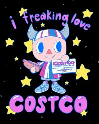  1boy animal_crossing black_background card chibi chibi_only commentary costco english_commentary english_text food guppiesz highres holding holding_card holding_food horns hot_dog male_focus shirt shoes smile sneakers solo star_(symbol) striped_clothes striped_shirt vertical-striped_clothes vertical-striped_shirt villager_(animal_crossing) 