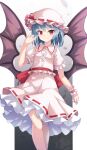  1girl bat_wings black_wings blue_hair closed_mouth collared_shirt fang feet_out_of_frame frilled_shirt_collar frilled_skirt frills hat highres mob_cap pink_headwear pink_shirt pink_skirt red_eyes remilia_scarlet shirt short_hair short_sleeves single_wrist_cuff skin_fang skirt smile solo touhou uumaru wings wrist_cuffs 