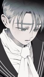  1boy commentary_request dark_background grey_eyes grey_hair ian_(witch's_island) korean_commentary male_focus necktie official_art open_mouth portrait ppotatornado short_hair solo tearing_up white_necktie witch's_island 