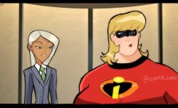  1boy 1girl :o black_border blonde_hair blue_eyes bob_parr border collared_shirt commentary dark-skinned_female dark-skinned_male dark_skin domino_mask english_commentary eye_mask fat formal_clothes genderswap genderswap_(ftm) genderswap_(mtf) green_eyes green_necktie grey_jacket highres jacket long_hair looking_at_another male_focus mask mirage_(incredibles) multiple_boys muscular muscular_female necktie parted_lips pinstripe_pattern pinstripe_suit princemajoris red_shirt red_sweater shirt smile suit sweater the_incredibles twitter_username upper_body white_hair white_shirt 