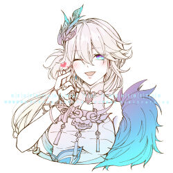  1girl ;d armlet armpit_crease bangle bracelet breasts bright_pupils clothing_cutout commentary_request earrings finger_heart fur_trim hair_between_eyes honkai:_star_rail honkai_(series) jewelry long_hair looking_at_viewer motituki multicolored_eyes nail_polish necklace one_eye_closed peacock_feathers_hair_ornament ring simple_background single_earring sleeveless smile tassel two-tone_eyes upper_body white_hair yao_guang_(honkai:_star_rail) 