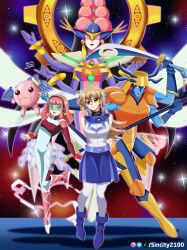 1girl angel_wings arms_behind_back blonde_hair blue_skirt cyber_angel_dakini cyber_angel_vishnu cyber_petit_angel cyber_tutu dancing deviantart_username duel_academy_uniform_(yu-gi-oh!_gx) happy jumpsuit long_hair looking_at_viewer looking_back pink_hair sincity2100 sleeveless_shirt smile stars sword tenjouin_asuka walking yellow_eyes yu-gi-oh! yu-gi-oh!_gx yuu-gi-ou yuu-gi-ou_gx