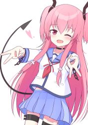  1girl ;d absurdres angel_beats! black_choker blue_sailor_collar blue_skirt blush choker commentary cowboy_shot demon_tail double_v fang gyaru_v hair_between_eyes happy heart highres iwashisu long_hair long_sleeves looking_at_viewer midriff_peek miniskirt neckerchief no_ahoge o-ring o-ring_choker one_eye_closed open_mouth outstretched_arms pink_hair pleated_skirt red_eyes red_neckerchief sailor_collar sailor_shirt shinda_sekai_sensen_uniform shirt sidelocks simple_background skirt smile solo straight_hair tail tail_raised thigh_strap two_side_up v very_long_hair white_background white_shirt yui_(angel_beats!) 