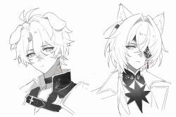  2boys anaxa_(honkai:_star_rail) animal_ears cat_boy cat_ears chinese_commentary chiyikoubaiguodong choker commentary_request cropped_shoulders dog_boy dog_ears expressionless eyepatch greyscale hair_between_eyes hair_intakes highres honkai:_star_rail honkai_(series) kemonomimi_mode light_frown long_hair looking_at_viewer male_focus monochrome multiple_boys parted_lips phainon_(honkai:_star_rail) short_hair simple_background sketch spot_color 
