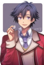  1boy :d arm_up black_hair coin commentary_request curtained_hair dated double-parted_bangs eiyuu_densetsu folded_collar glint grey_background highres holding holding_coin jacket long_sleeves looking_at_viewer male_focus necktie open_mouth purple_necktie rean_schwarzer red_jacket rinngo6363 school_uniform sen_no_kiseki_(series) sen_no_kiseki_i short_hair silver_coin simple_background smile solo thors_military_academy_class_vii_uniform two-tone_background upper_body violet_eyes white_background 