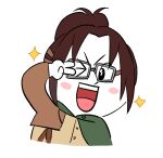  &gt;_o 1girl :d blush_stickers brown_hair cropped_torso emoji goggles hand_up hange_zoe happy high_ponytail line_(naver) looking_at_viewer moon&#039;s_job_hunting_story_(line) one_eye_closed paradis_military_uniform parody shingeki_no_kyojin smile solo sparkle style_parody syabbal-i 