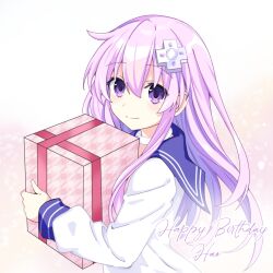 1girl box choker d-pad d-pad_hair_ornament dress gift gift_box hair_ornament highres holding holding_box holding_gift hood hooded_track_jacket jacket long_hair looking_at_viewer nepgear neptune_(series) pink_hair sailor_dress siblings sisters smile solo spleeny track_jacket violet_eyes white_choker 