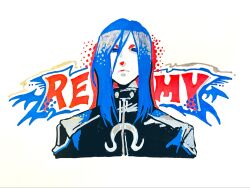  1boy bishounen black_jacket blue_eyes blue_hair closed_mouth hair_between_eyes highres jacket limited_palette long_hair looking_at_viewer male_focus remy_(street_fighter) simple_background solo street_fighter street_fighter_iii_(series) toubankaware traditional_media upper_body white_background 