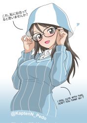  1girl adjusting_eyewear blue_background blue_hat breasts brown_eyes brown_hair commentary dress_shirt girls_und_panzer glasses gradient_background hat heart highres kaptenn_pedo keizoku_school_uniform large_breasts long_hair long_sleeves looking_at_viewer mika_(girls_und_panzer) open_mouth school_uniform shirt simple_background smile striped_clothes striped_shirt tulip_hat twitter_username upper_body vertical-striped_clothes vertical-striped_shirt white_background white_shirt 