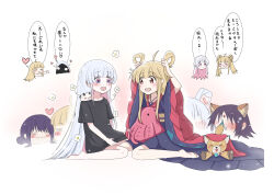  2girls absurdres aged_down ahoge animal_ears black_shirt blonde_hair blue_eyes blush cho_kaguya-hime! closed_eyes colored_inner_hair commentary_request cosplay fox_ears fushi_(cho_kaguya-hime!) grey_hair hair_rings halterneck hands_on_own_face heart highres inudoge kaguya_(cho_kaguya-hime!) kasuga_yuu long_hair long_shirt looking_at_another multicolored_eyes multicolored_hair multiple_girls open_mouth pink_hair red_eyes runami_yachiyo runami_yachiyo_(cosplay) sakayori_iroha shirt short_sleeves translation_request very_long_hair violet_eyes wide_sleeves 