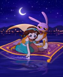  1boy 1girl aladdin_(movie) animal_ears bare_shoulders blue_gem blue_sky cape colored_teeth commentary crescent_moon english_commentary gem gloves green_pants green_shirt highres holding_hands jax_(the_amazing_digital_circus) looking_at_another looking_down looking_to_the_side magic_carpet midriff moon mountainous_horizon ocean off-shoulder_shirt off_shoulder pants pomni_(the_amazing_digital_circus) rabbit_boy rabbit_ears raised_eyebrows shirt sky smile star_(sky) star_(symbol) starry_sky the_amazing_digital_circus yellow_cape yellow_eyes yellow_gloves yellow_teeth 