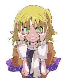  1girl absurdres arm_warmers blonde_hair blue_shirt clenched_teeth commentary_request fangs green_eyes green_kimono green_nails hands_on_own_face highres japanese_clothes kimono long_sleeves mizuhashi_parsee nail_polish one_side_up parted_lips pointy_ears scarf shirt short_hair simple_background smile solo teeth touhou user_atmj5435 white_arm_warmers white_background white_scarf yandere_trance 