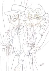  2girls bow bowtie closed_mouth collared_dress collared_shirt commentary corset curtains dress hair_between_eyes hair_bow hat hat_bow highres index_finger_raised kz_m_i lineart long_sleeves maribel_hearn medium_hair mob_cap monochrome multiple_girls open_mouth shirt short_hair signature skirt smile touhou usami_renko white_background 