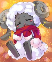  1boy alternate_costume closed_eyes commentary_request facing_viewer grey_horns highres hisui_(paingumi) horns mittens no_humans rune_factory rune_factory:_guardians_of_azuma scarf sheep sheep_boy woolby 