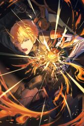  1boy absurdres arm_up blonde_hair commentary_request greatsword highres holding holding_sword holding_weapon horns kamui:_aeternion_(pgr) kamui_(pgr) korean_commentary male_focus mechabare mechanical_arms mechanical_hands mechanical_legs nininininil open_mouth orange_eyes punishing:_gray_raven short_hair single_horn solo sword weapon yellow_horns 