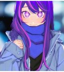  1girl asymmetrical_bangs blue_scarf blurry blurry_background blush closed_mouth english_commentary facing_viewer highres hoshino_ai_(oshi_no_ko) light_smile long_hair looking_at_viewer maplekeurig multicolored_hair oshi_no_ko purple_hair scarf solo star-shaped_pupils star_(symbol) star_in_eye straight-on straight_hair streaked_hair symbol-shaped_pupils symbol_in_eye upper_body violet_eyes winter_clothes 