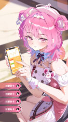  1girl absurdres ahoge bandaged_hand bandages blush cellphone chiz_(neverness_to_everness) collar commentary_request detached_collar dress highres holding holding_phone looking_at_viewer neverness_to_everness phone pink_eyes pink_hair short_hair smartphone smile solo ting_wei white_collar white_dress 