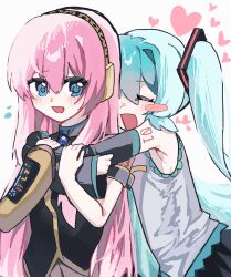  2girls aqua_hair aqua_necktie armpits black_shirt black_skirt black_sleeves blue_eyes blush blush_stickers commentary detached_sleeves dot_nose grey_shirt hair_between_eyes hair_ornament hatsune_miku headphones heart highres hug hug_from_behind long_hair loving_aura megurine_luka milestone_celebration multiple_girls navel necktie number_tattoo pink_hair senseisayo5r6 shirt shoulder_tattoo single_detached_sleeve skirt sleeveless sleeveless_shirt smile tattoo twintails very_long_hair vocaloid wide_sleeves 