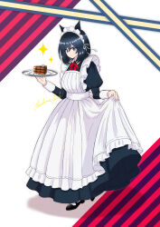  1girl absurdres alternate_costume animal_ears apron black_dress black_hair black_shoes blue_eyes bob_cut cake clothes_lift commentary_request dress dress_lift eishin_flash_(umamusume) enmaided food frilled_apron frills hachimii_flash hair_between_eyes highres holding holding_tray horse_ears horse_girl juliet_sleeves lifting_own_clothes long_sleeves looking_at_viewer maid maid_apron maid_headdress mary_janes plate puffy_sleeves shoes short_hair smile solo swept_bangs tray twitter_username umamusume waist_apron white_apron 