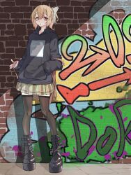  1girl absurdres alternate_costume backpack bag belt_boots black_hoodie black_thighhighs blonde_hair boots bow brick_wall commentary_request full_body fuyou_lilienthal_yuuna fuyou_yuuna_wa_yuusha_de_nai graffiti hair_bow hand_in_pocket highres hood hood_down hoodie long_sleeves looking_at_viewer matcha_tiger77 miniskirt plaid_clothes plaid_skirt platform_boots pleated_skirt red_eyes short_hair skirt solo standing thigh-highs white_bow zettai_ryouiki 