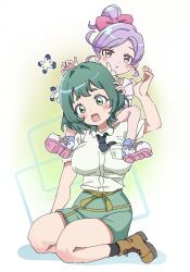  2girls bare_arms blush boots bow breasts brown_boots bug butterfly carrying dalidari27 full_body green_eyes green_hair hair_bow hand_on_another's_head highres kimi_no_koto_ga_dai_dai_dai_dai_daisuki_na_100-nin_no_kanojo large_breasts looking_at_viewer momi_momiji multiple_girls pink_bow ponytail pout purple_hair rectangular_mouth red_eyes shirt shoes short_hair short_sleeves shoulder_carry simple_background sitting sneakers white_shirt yasashiki_yamame 